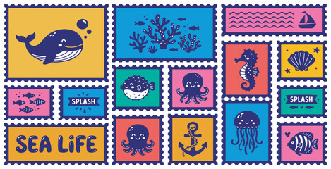 Collection of cute cartoon sea creatures and marine elements presented as postage stamps. © Riki