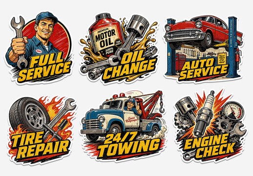 Retro Auto Service Mascot Sticker Set 