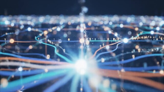 Abstract digital network with glowing data connections and binary code