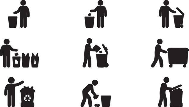 Black silhouette icons of people throwing away trash