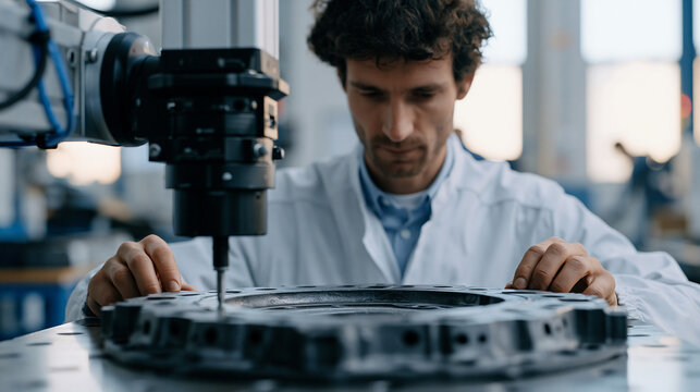 Quality control inspection station where technician measures automotive casting dimensions using coordinate measuring arm, precision manufacturing verification, dimensional
