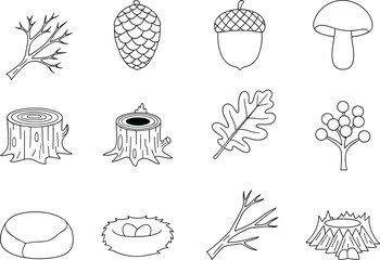 Set of hand drawn forest nature elements including tree stumps leaves acorn and mushroom © Simu Store