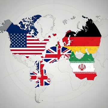 World map with country flags of usa, uk, germany, canada, france, and japan