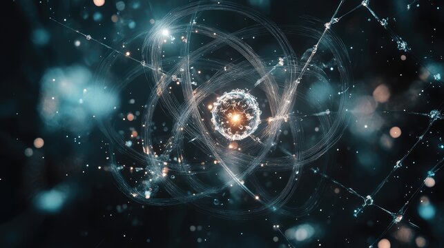 Depiction of abstract atom with electrons in orbit radiating energy and interconnectedness