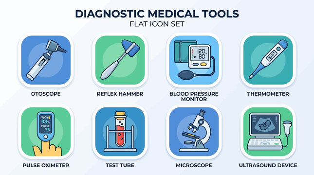 Diagnostic tools flat icon set: otoscope, reflex hammer, blood pressure monitor, thermometer