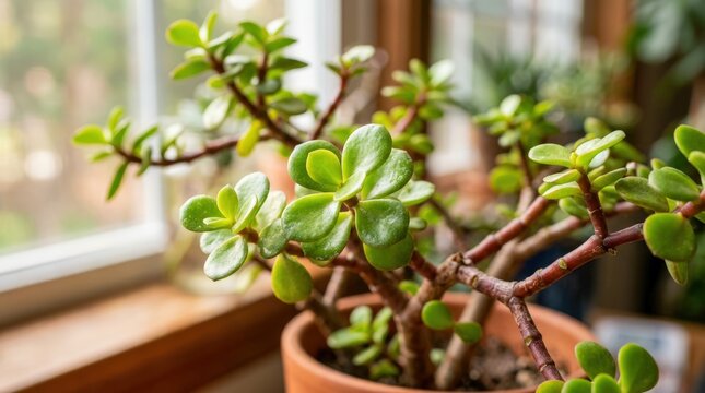 Vibrant Green Jade Plant Thriving Indoors by a Bright Window.