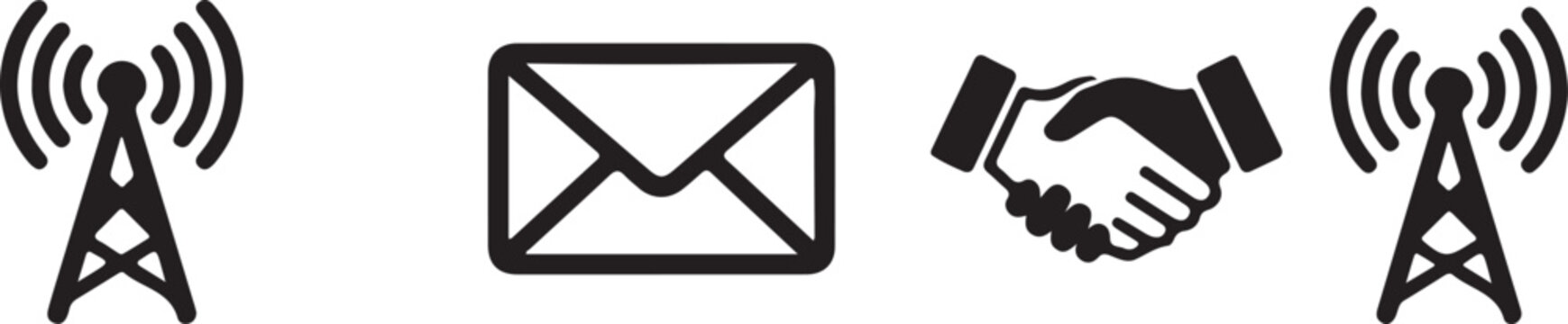 Black icons of cell towers, email and handshake