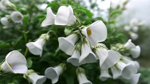 Beautiful datura plant with hanging white flowers gently swaying in the misty mountain morning air