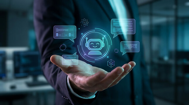 Business professional holding a glowing digital chatbot interface with customer service communication bubbles