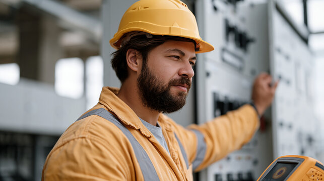 Thermographer sweeping thermal imaging camera across electrical switchgear cabinet in substation, hotspot anomaly visible on display screen, predictive maintenance inspection,