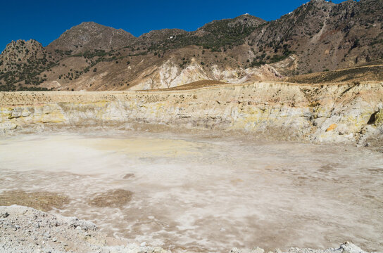 Colorful Volcanic Crater Wall with Sulfur Layers on Nisyros Greece