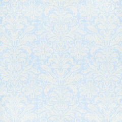 Obraz premium Elegant vintage damask wallpaper with delicate white floral ornaments on pastel blue background. Classic decorative texture for textiles, interiors and luxury branding.