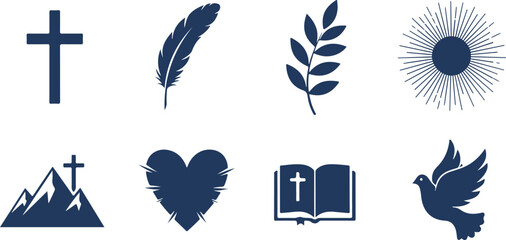 Set of eight minimalist religious and spiritual icons featuring cross mountain heart book dove sun feather leaf © MURSHIDUR RAHMAN