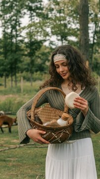 Young woman holding a basket of fresh farm products in a rural setting