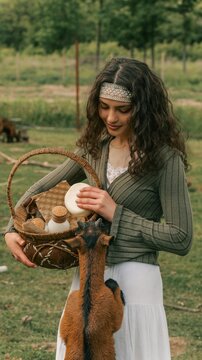 Young woman with basket of goat milk products and a curious goat on a farm