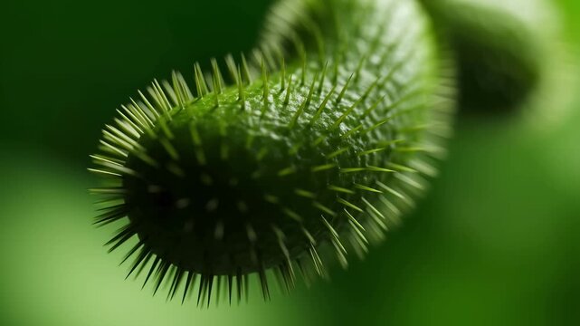 Macro close up of spiky datura fruit showing sharp green thorns in soft natural sunlight motion