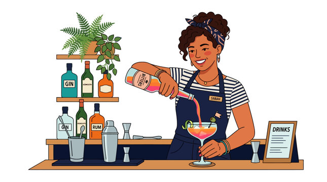 Home Bar Counter with Liquor Bottles Plants and Cocktail Barware Tools in Flat Illustration Style for Mixology