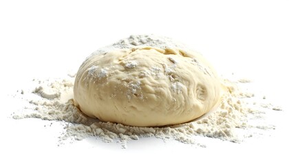 Close-up of a ball of dough resting on a bed of flour, ready for baking. A bright, clean studio shot on white