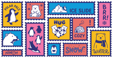 Obraz premium Cute collection of winter-themed postage stamps featuring penguins and polar bears in various activities and messages.