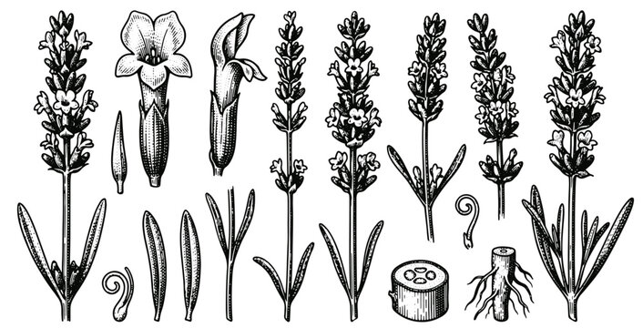 Lavender botanical illustration vintage hand drawn engraving of lavender plant parts, flowers, leaves, and roots