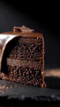 Rich layer chocolate cake slice with glossy ganache drip