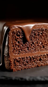 Sliced chocolate layer cake with dripping ganache glaze
