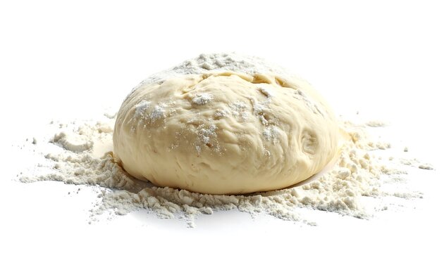 Close-up of a ball of dough resting on a bed of flour, ready for baking.  A bright, clean studio shot on white