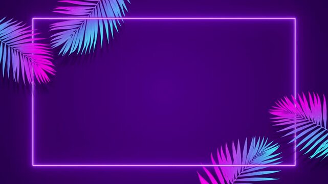 tropical leaves with rectangle neon light frame on purple animation,cosmetics and beauty sale blank social media motion background
