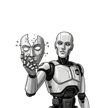 Robot holding broken mask thinking expressionless face