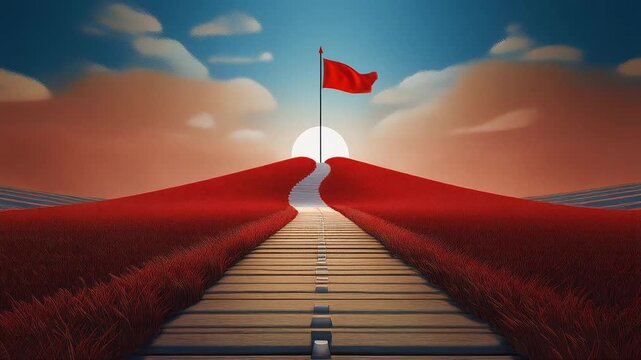 Scenic wooden path leading to a red flag on a hill during sunset with vibrant red grass and blue sky