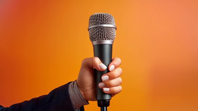 Close up of a hand holding a professional microphone with polished nails on bright orange background