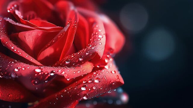 Close up of red rose petals covered with water droplets on dark background with soft bokeh