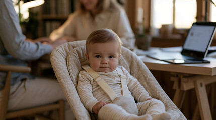 Fototapeta premium Infant in a bouncy seat placed beside a standing desk while parent works remotely above, baby monitor app open on a secondary tablet, parent glancing down warmly between typing