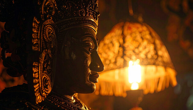 Close up of a detailed sculpture with warm lighting and a blurry background