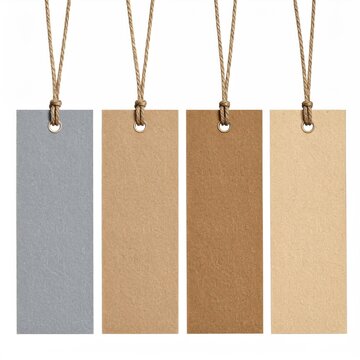 Four blank, rectangular tags with strings, in varying muted colors