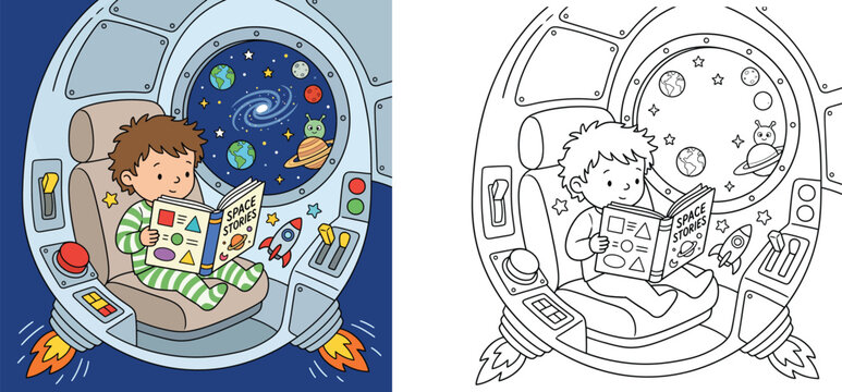 Kid astronaut reading space stories book inside a rocket spaceship cabin, color and outline coloring page vector illustration set