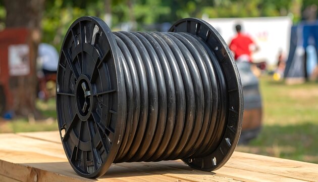 Close-up of a black cable reel, densely wound with thick, black electrical cable. The reel rests on wooden surface with people in the blurred background