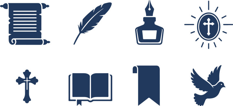 Set of eight religious and historical icon symbols featuring scroll parchment quill pen cross book banner dove sun