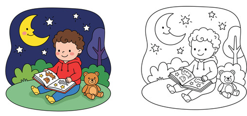 Naklejka premium Cute boy reading book at night with teddy bear coloring book page and colored template, kid sitting on grass under moon and stars cartoon vector illustration
