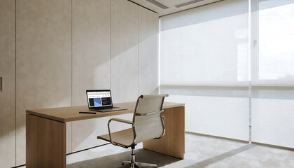 office workspace scene with minimalist desk setup chair laptop computer