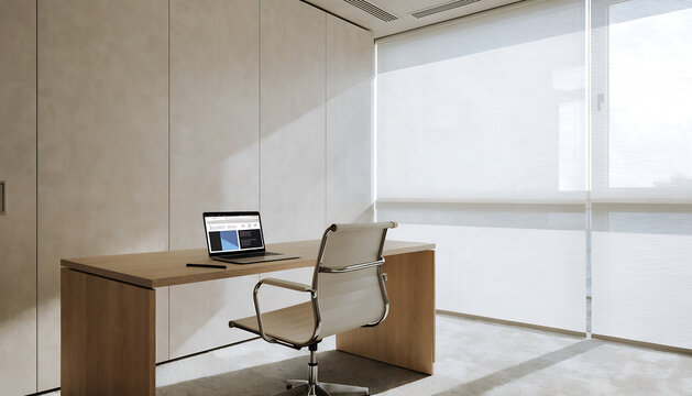 office workspace scene with minimalist desk setup chair laptop computer