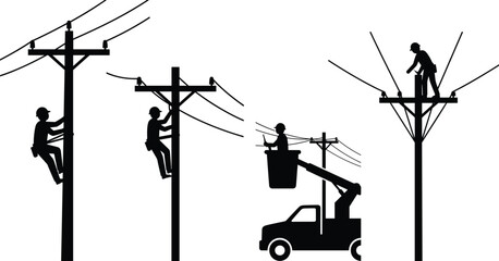 Obraz premium Electrical Utility Line Workers Silhouette Set with Power Pole Maintenance and Bucket Truck Operations
