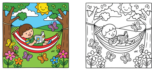 Fototapeta premium Children coloring page vector set with a cartoon boy reading a book in a hammock outdoors between trees with butterflies and flowers