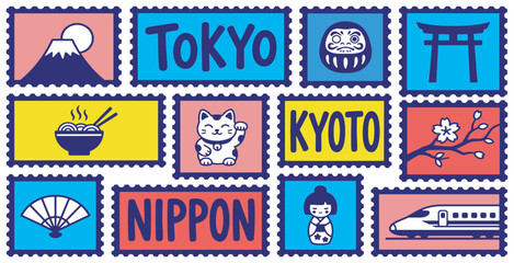 Obraz premium Collection of Japanese cultural icons depicted as postage stamps, including Mount Fuji, Tokyo, Kyoto, and a bullet train.
