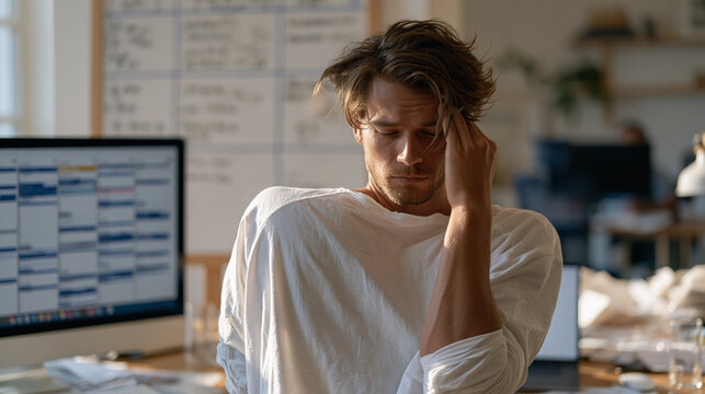 Remote employee rubbing temples in front of a screen showing back-to-back calendar blocks, a whiteboard behind listing seventeen pending agenda items, home office disheveled from
