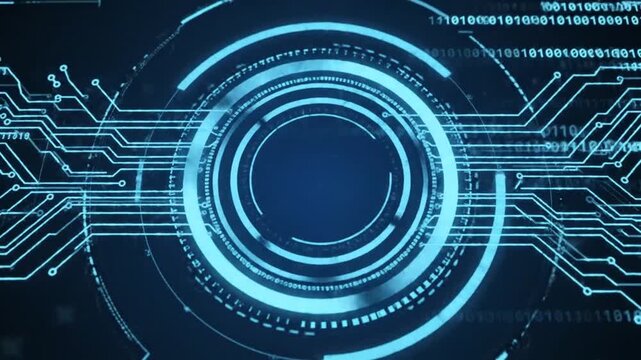 Blue glowing digital circuit board with data and futuristic interface