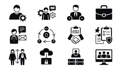 Fototapeta premium User Management Secure Cloud Business Performance icon set featuring Collaboration, Analytics and Data Security symbols for Enterprise solutions.