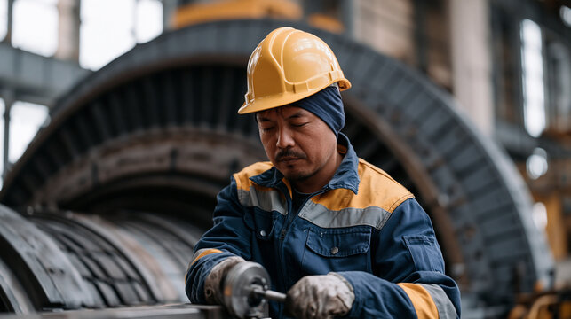 Coal-fired power plant turbine hall interior with massive steam turbine casing open for inspection, maintenance millwright using precision alignment tool, outage maintenance work,