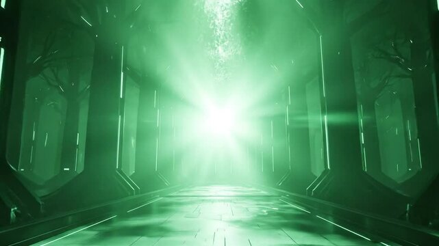 Futuristic Green Light Tunnel with Bright Beams and Sci-Fi Architecture.