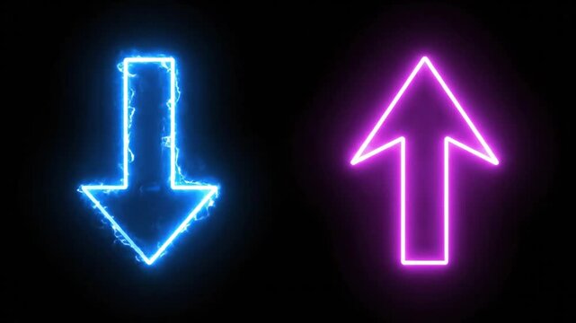 Blue down and pink up neon arrows glowing on a black background